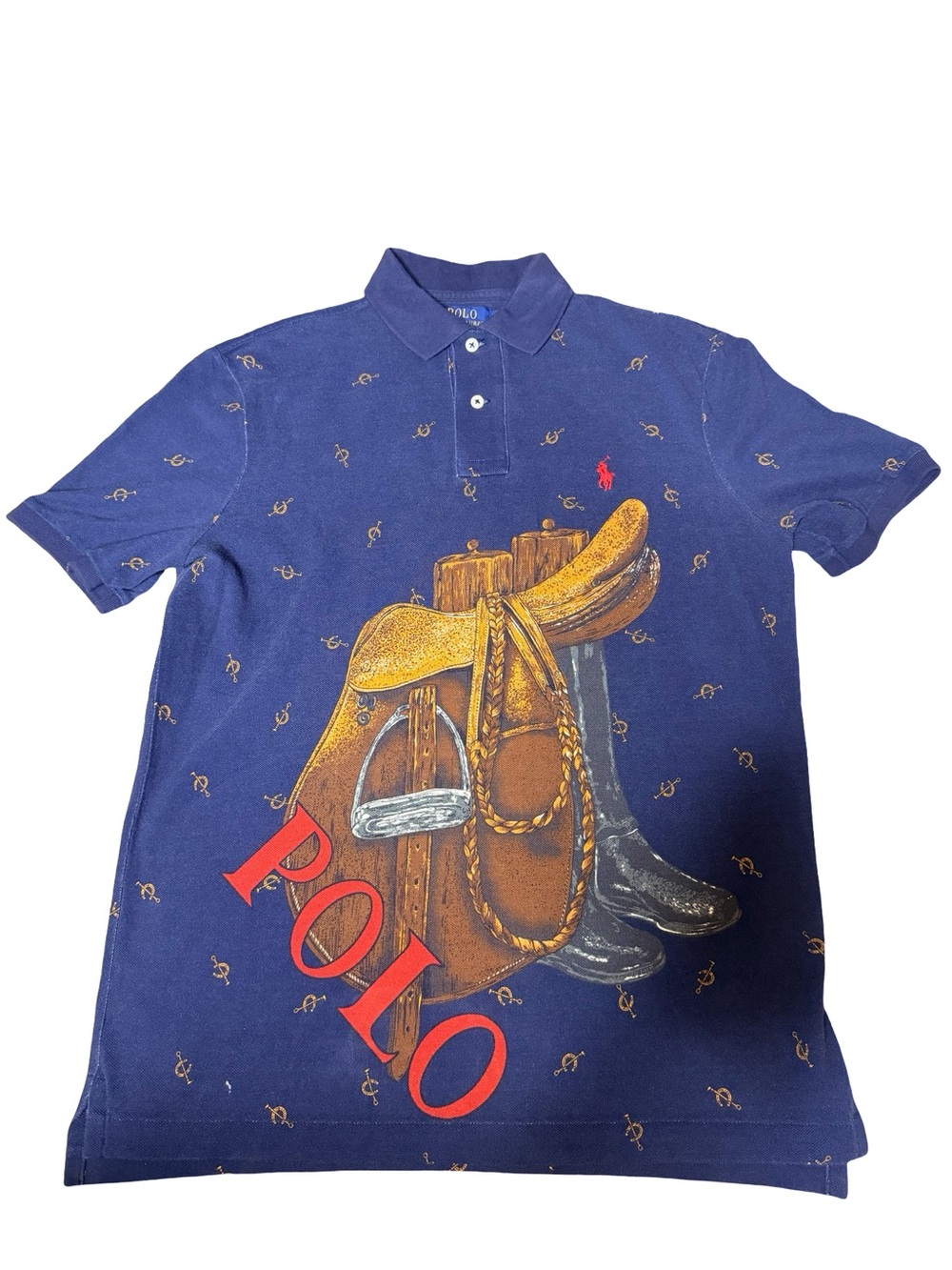 Polo Ralph Lauren Navy Polo with Saddle & Stirrup Graphic big kid small back hit